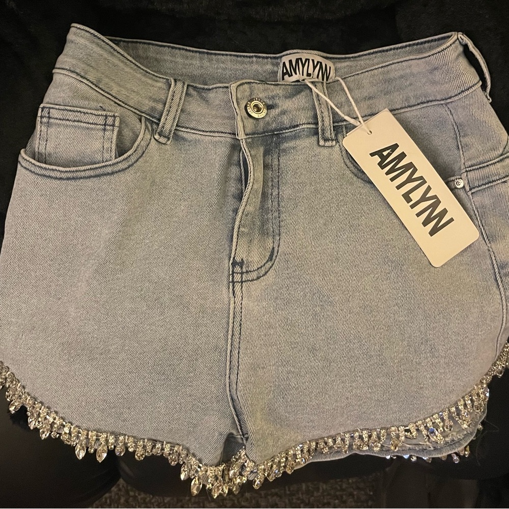 Amylynn Light Blue Jean Shorts with Crystal Accents
